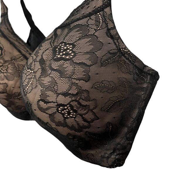 Cacique Black Modern Lace Covered LL BALC Nude Lined Underwire Bra Floral 44DDD - Picture 10 of 16
